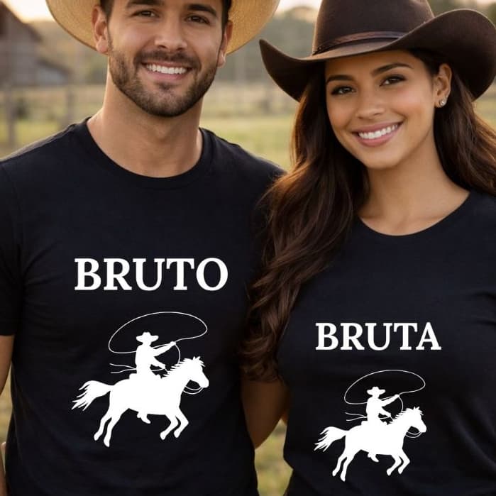 Kit Camiseta Casal Namorados Bruto e Bruta Cowboy Cowgirl Country Festa de Peão Rodeio Namorados