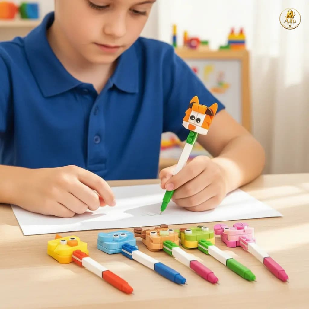 Kit 12 Canetas com Blocos de Montar Coloridos Régua Infantil Criativa Escolar Brinquedo Educativo