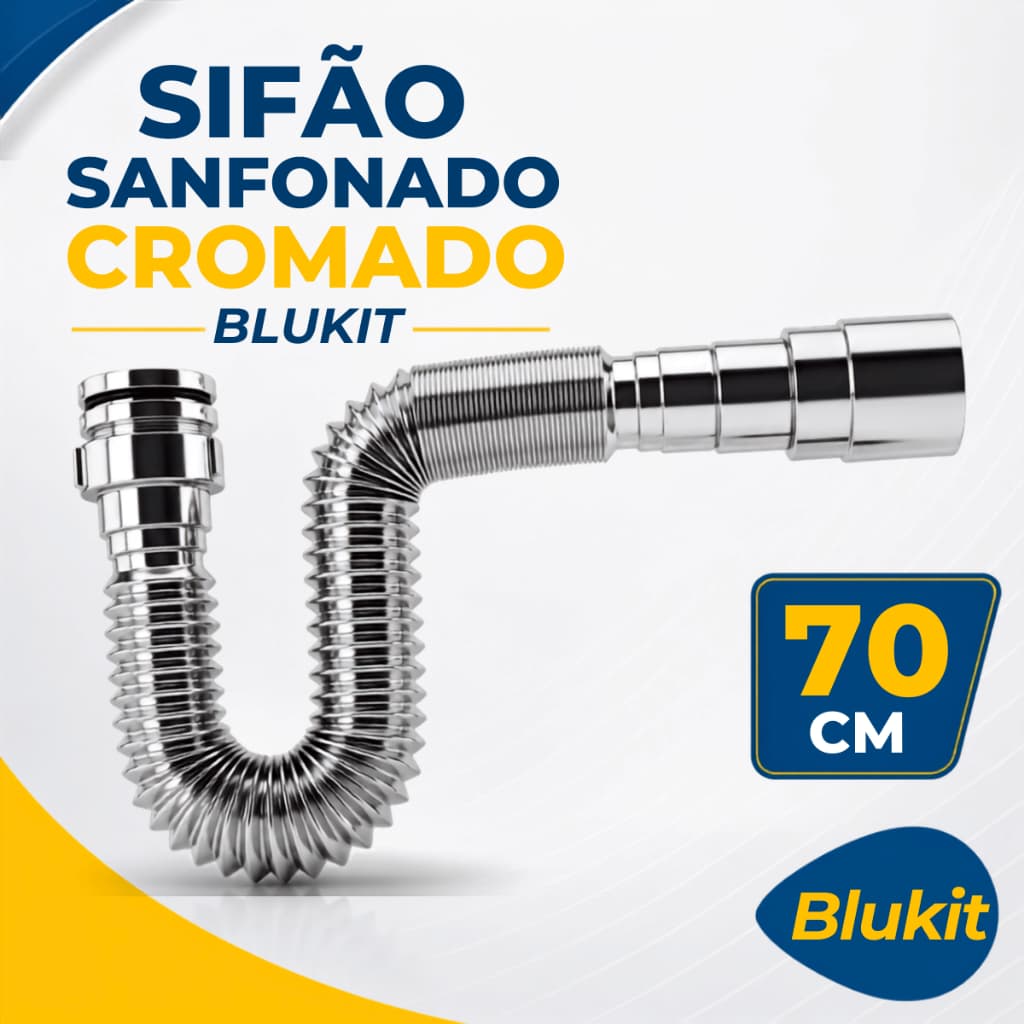 Sifão Sanfonado Cromado Blukit Flexível Extensivo 70cm Universal Pia Cozinha Banheiro Tanque