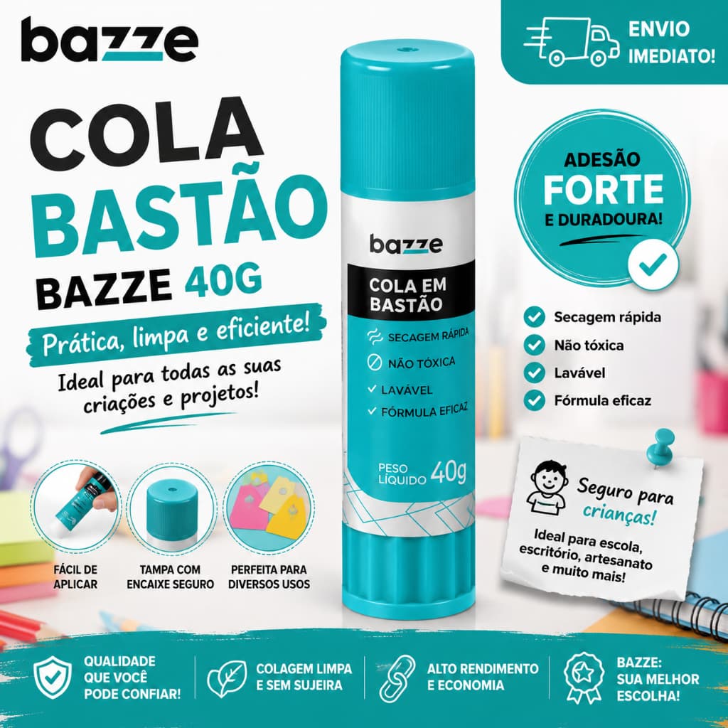 Cola Bastão Bazze 40g Lavável Não Tóxica Secagem Rápida Para Escola Escritório Artesanato