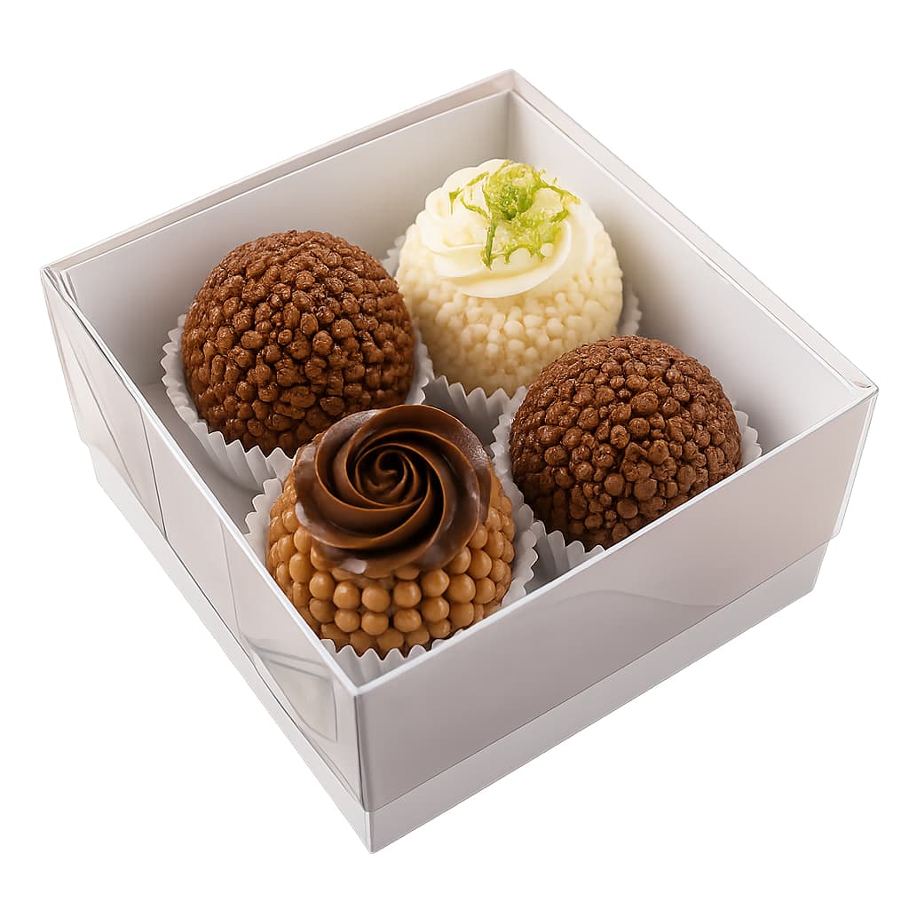 CAIXA PARA 4 DOCES BRANCA C/TAMPA ACETATO 7X7X4CM BRIGADEIROS