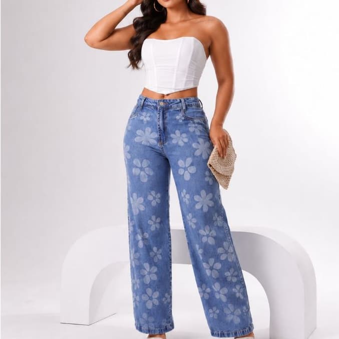 Calça Wide Leg Jeans Bordada Floral
