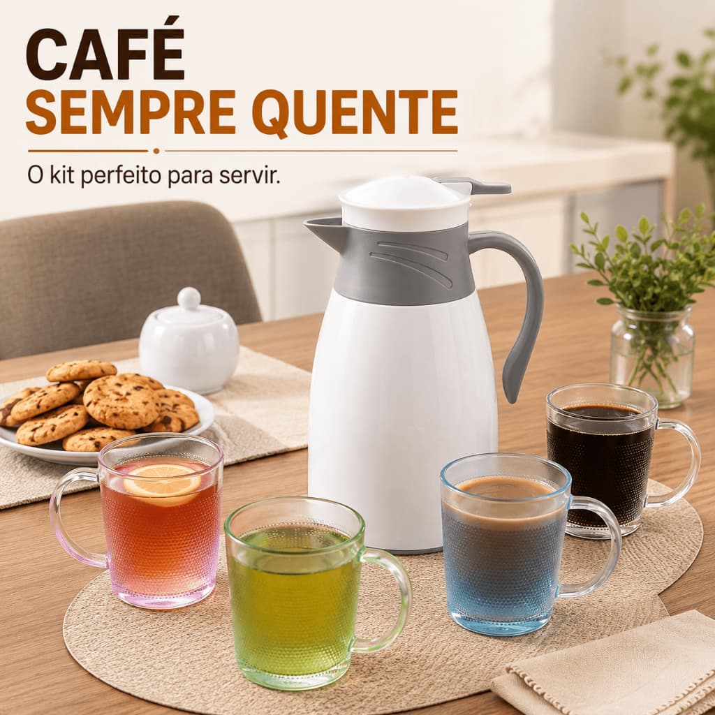 Jogo Garrafa Térmica 1 Litro Victoria com 4 Canecas Kit Café Chá Mesa Posta Sortido