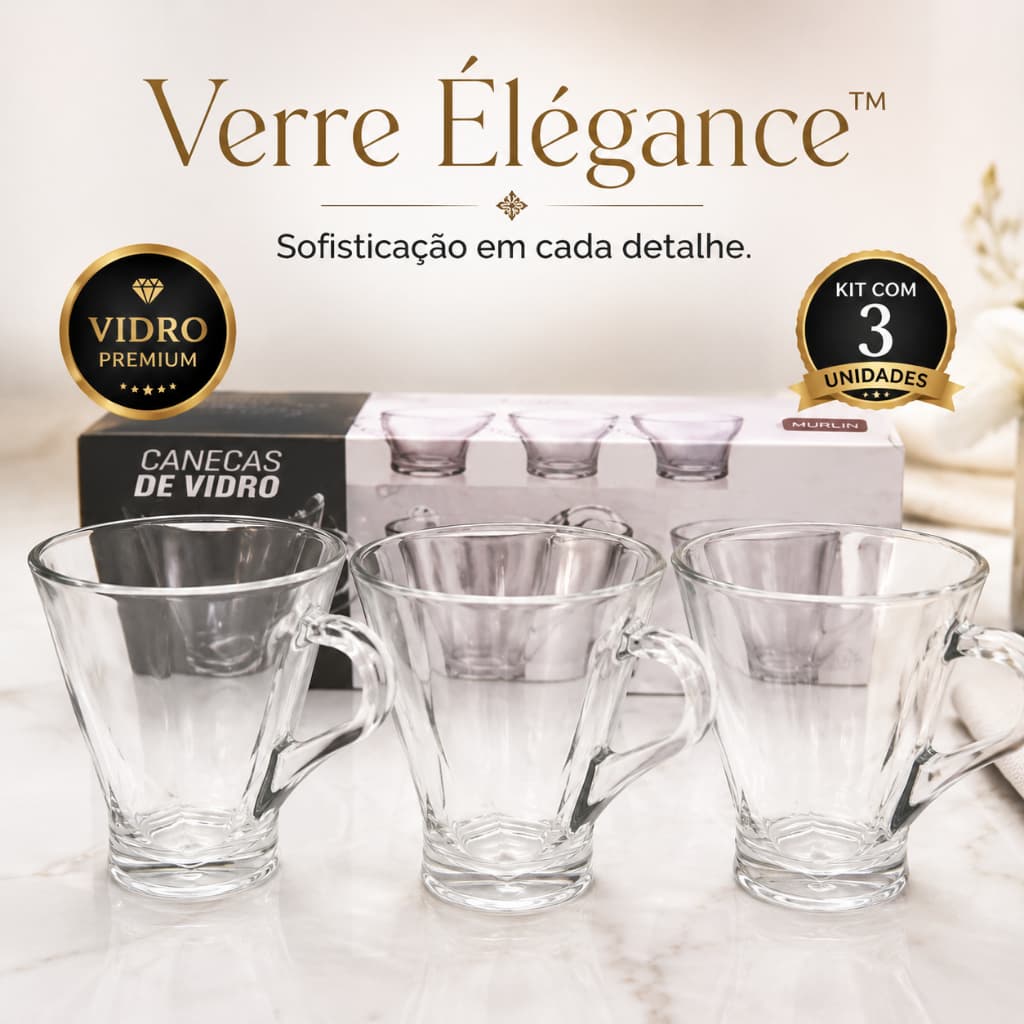 Conjunto Canecas Vidro Transparente 265ml Xicara Cafe Cha Bebidas Variadas
