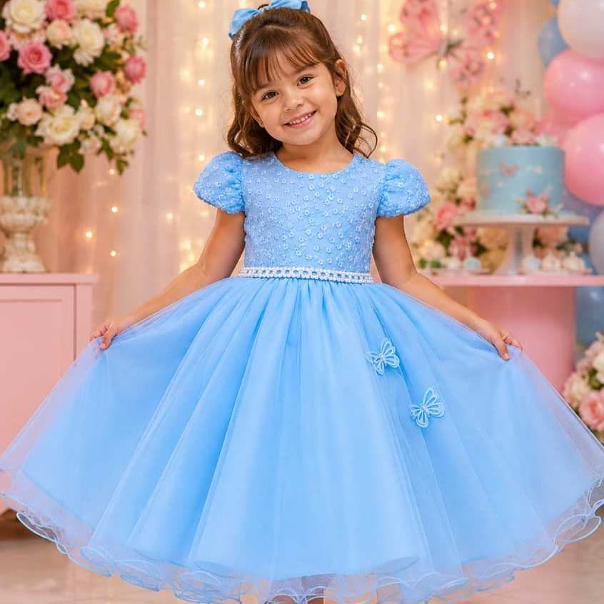 Vestido Infantil Princesa Luxo Bordado Tule Rodado Festa Daminha Aniversário Elegante