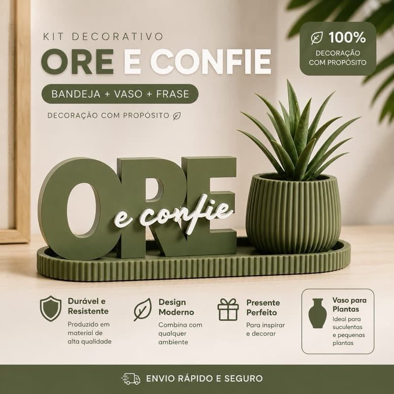 KIT DECORATIVO ORE E CONFIE + BANDEJA + VASO PARA SUCULENTA | DECORAÇÃO CRISTÃ