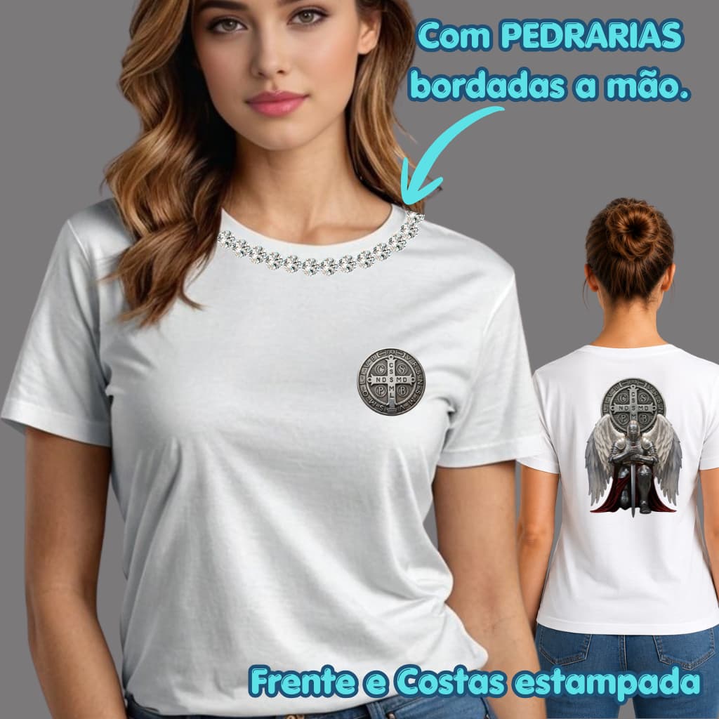 Camiseta Camisa Blusa Tshirts Cristã Católica São Bento Santo Medalha Cavaleiro Cruz FEMININA