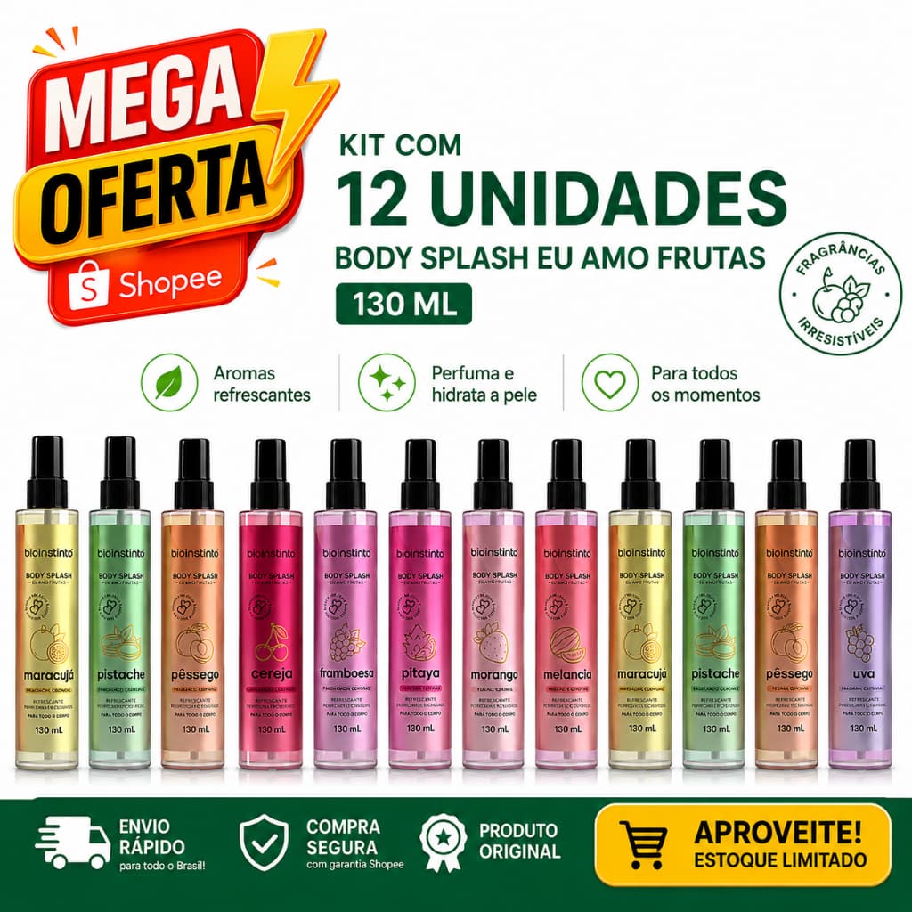 12 Body Splash FRUTAS 130ml Bio Instinto Desodorante Corporal Colônia Fragrância Irresistível