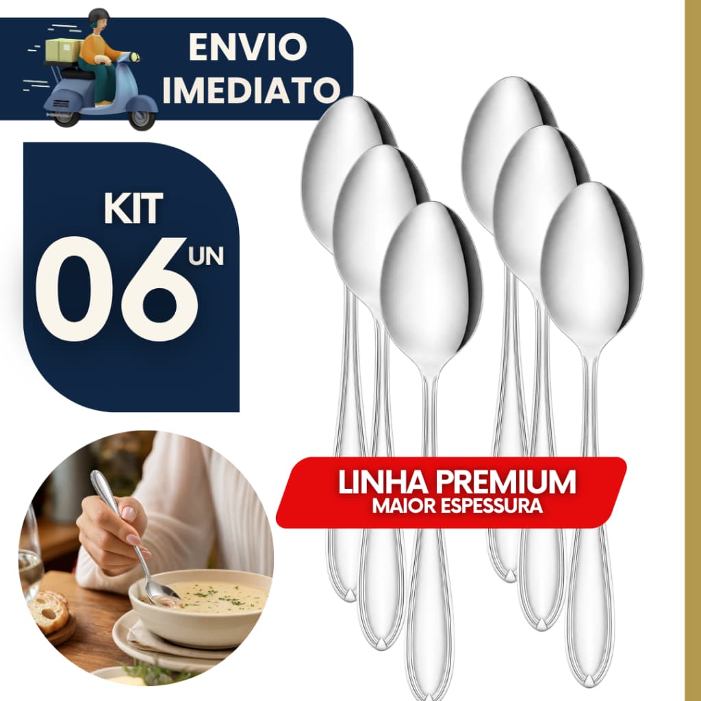 Kit 6 Colher de Mesa Inox Aço Inox Talheres Colher de Jantar Restaurante Buffet Cozinha Resistente