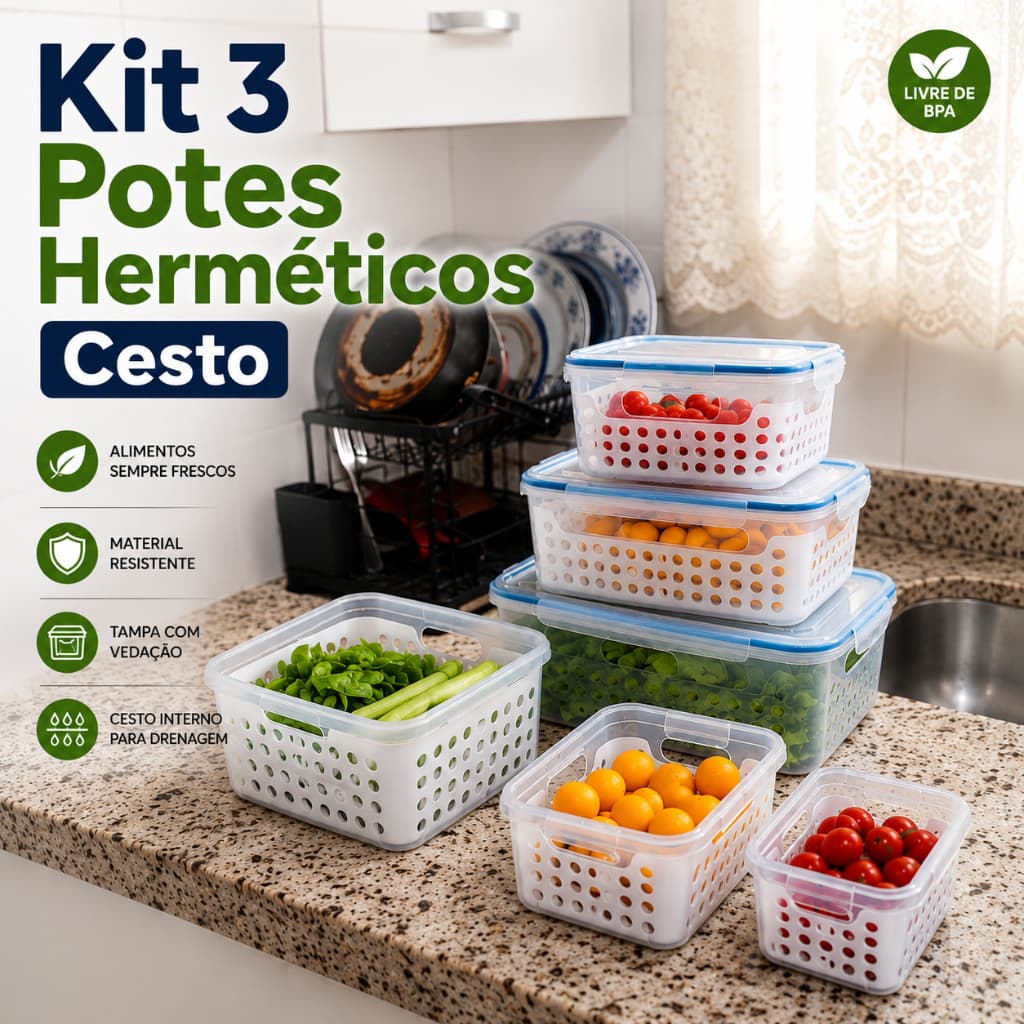 Kit 3 Potes Organizadores Herméticos Geladeira Escorredor Retangular Alimentos Tampa e Trava
