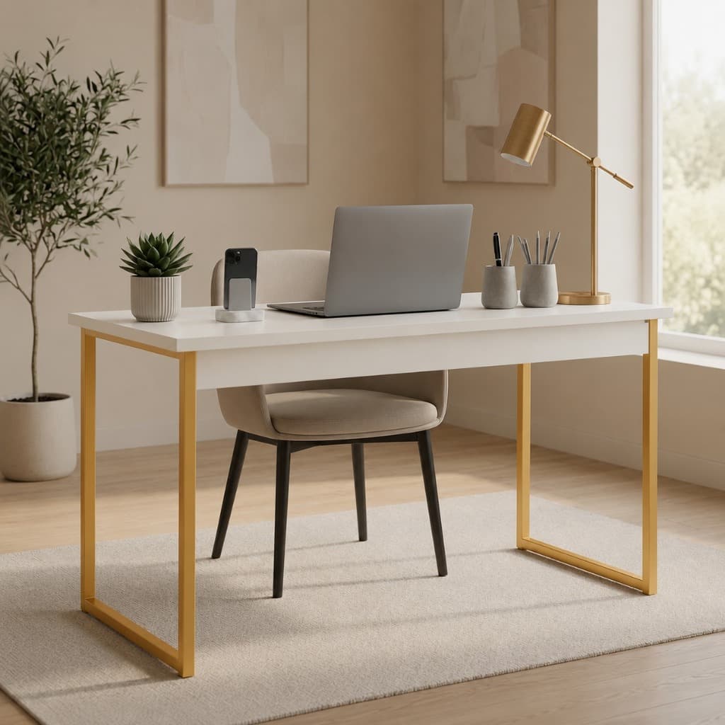 Mesa Escrivaninha Escritório Luxo Premium Dourado com Branco 120cm
