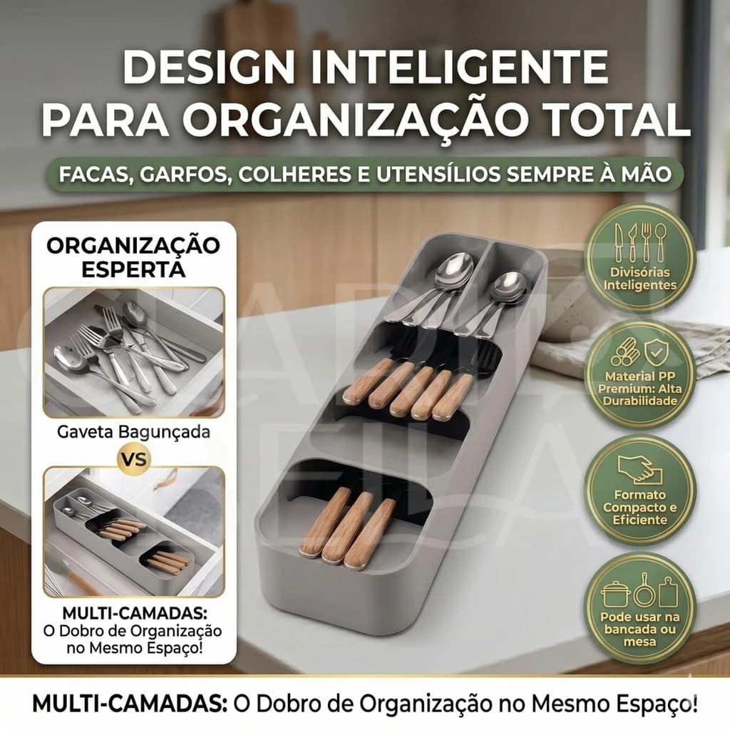 🍴 Organizador de Talheres para Gaveta Cinza | Porta Talheres Divisória Cozinha Multiuso em Plástico