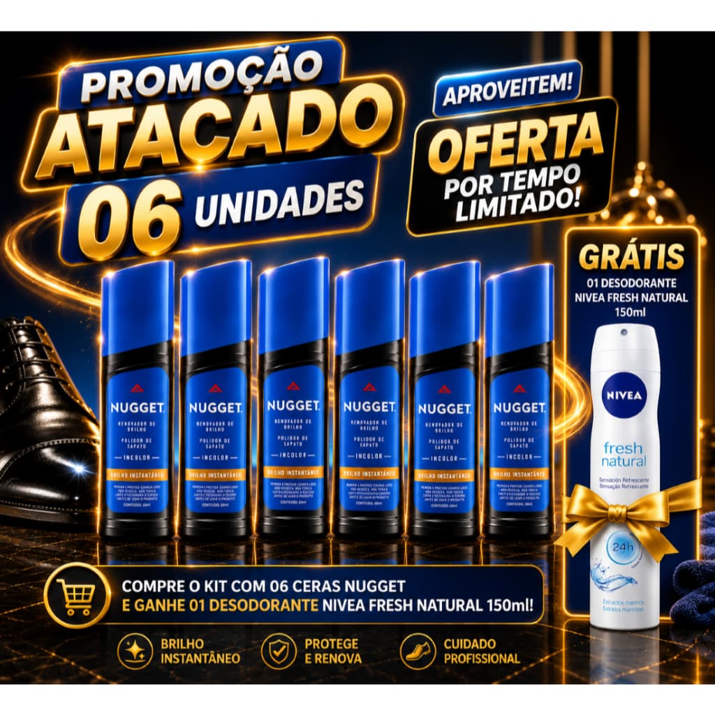 Box c/ 06 Polidores de Sapato Líquido Incolor Nugget Frasco 60ml