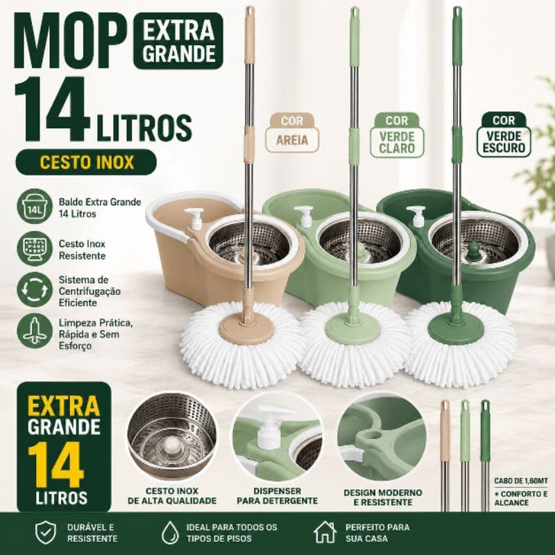 MOP EXTRA GRANDE 14 LITROS✅ Cesto Inox Resistente✅ Dispenser para Detergente✅ Cabo Reforçado de 1,60Mt