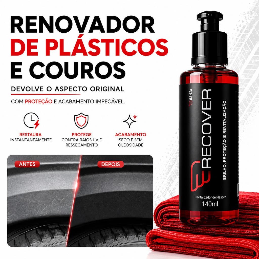 Recover Revitalizador De Plásticos 140ml Carro Interno Externo Proteção UV Automotivo Com Esponja
