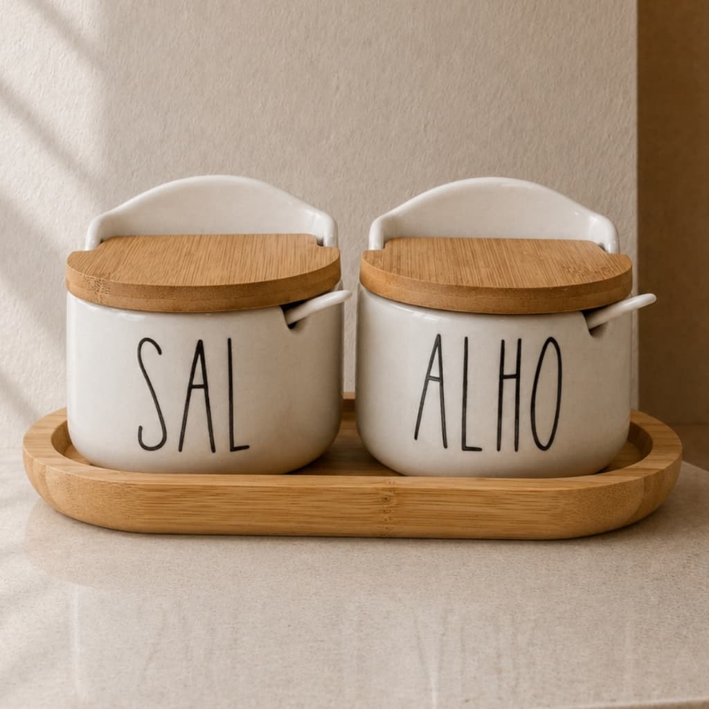 KIT LUXO C/ 2 Unidades, 1 Saleiro de Mesa com Colher + 1 Porta Alho Porcelana C/ tampa de bambu 300g