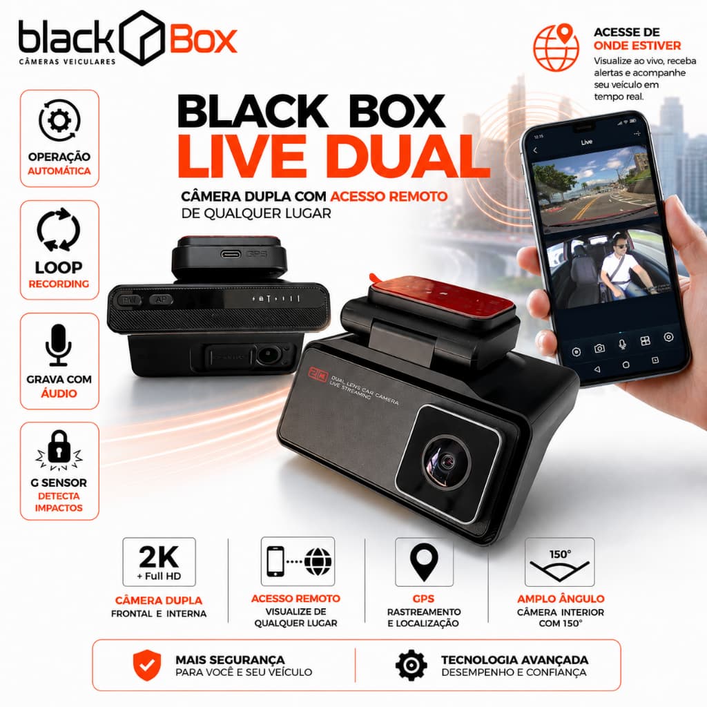 Black Box Live Dual - Câmera Veicular Dupla Online Ao vivo Acesso Remoto 4G GPS Ao vivo Interna