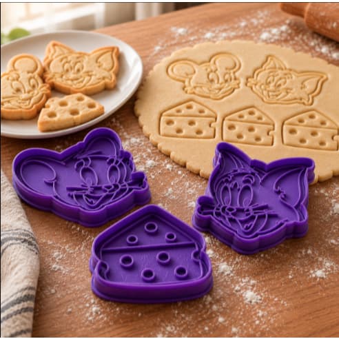 Kit 3 Cortadores de Biscoito Formato Ratinho Gatinho e Queijo Para Massas Confeitaria e Festas Infantis