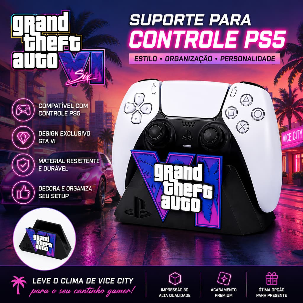 Suporte para Controle PS5 GTA VI | Organizador de Mesa Gamer | Impressão 3D Premium | Porta DualSense Decorativo