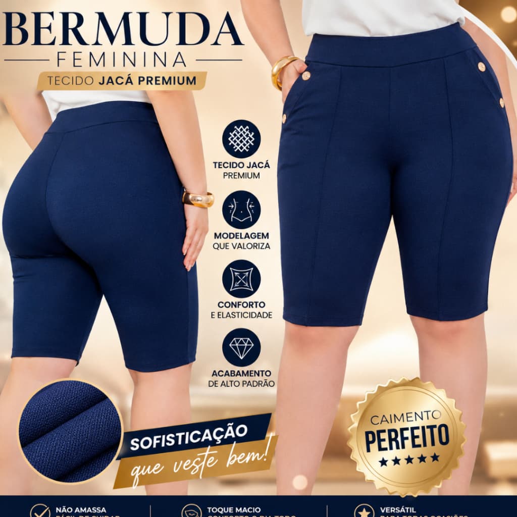 Bemuda feminino Plus Seze tecido jacquard Leggin modeladora cintura alta com detalhe no bolso