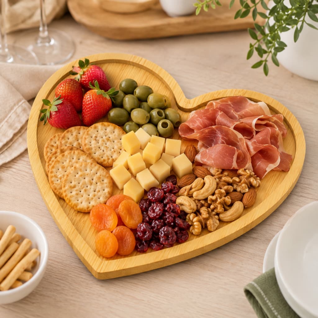 Petisqueira de Bambu Coração Bandeja Decorativa Servir Petiscos Frios Queijos Café da Manhã Presente Decoração Sustentáv