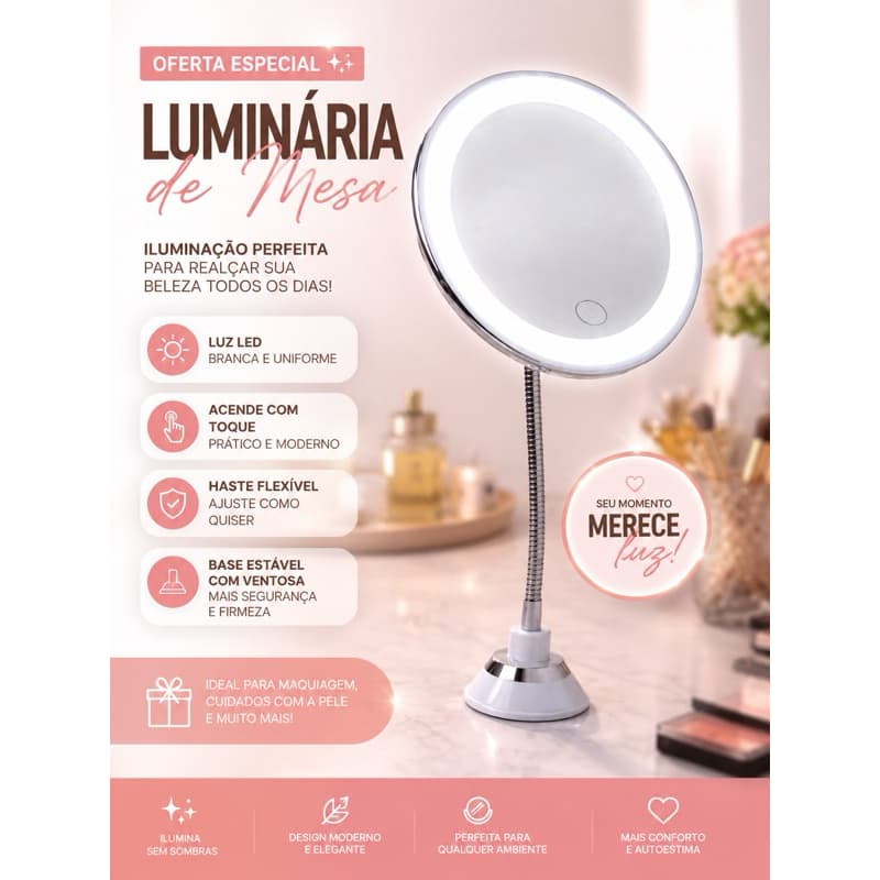 Espelho Maquiagem Redondo Led Luz Regulavel Mesa Usb Branco Compacto