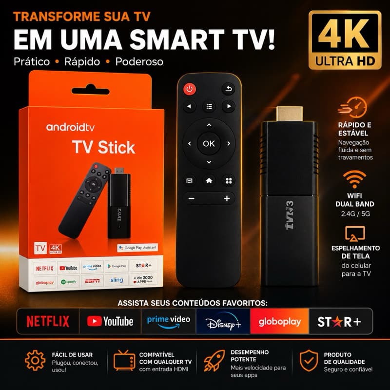 TV Stick Android 4K Ultra HD com Wi-Fi e HDMI | Android TV com Controle e Comando de Voz