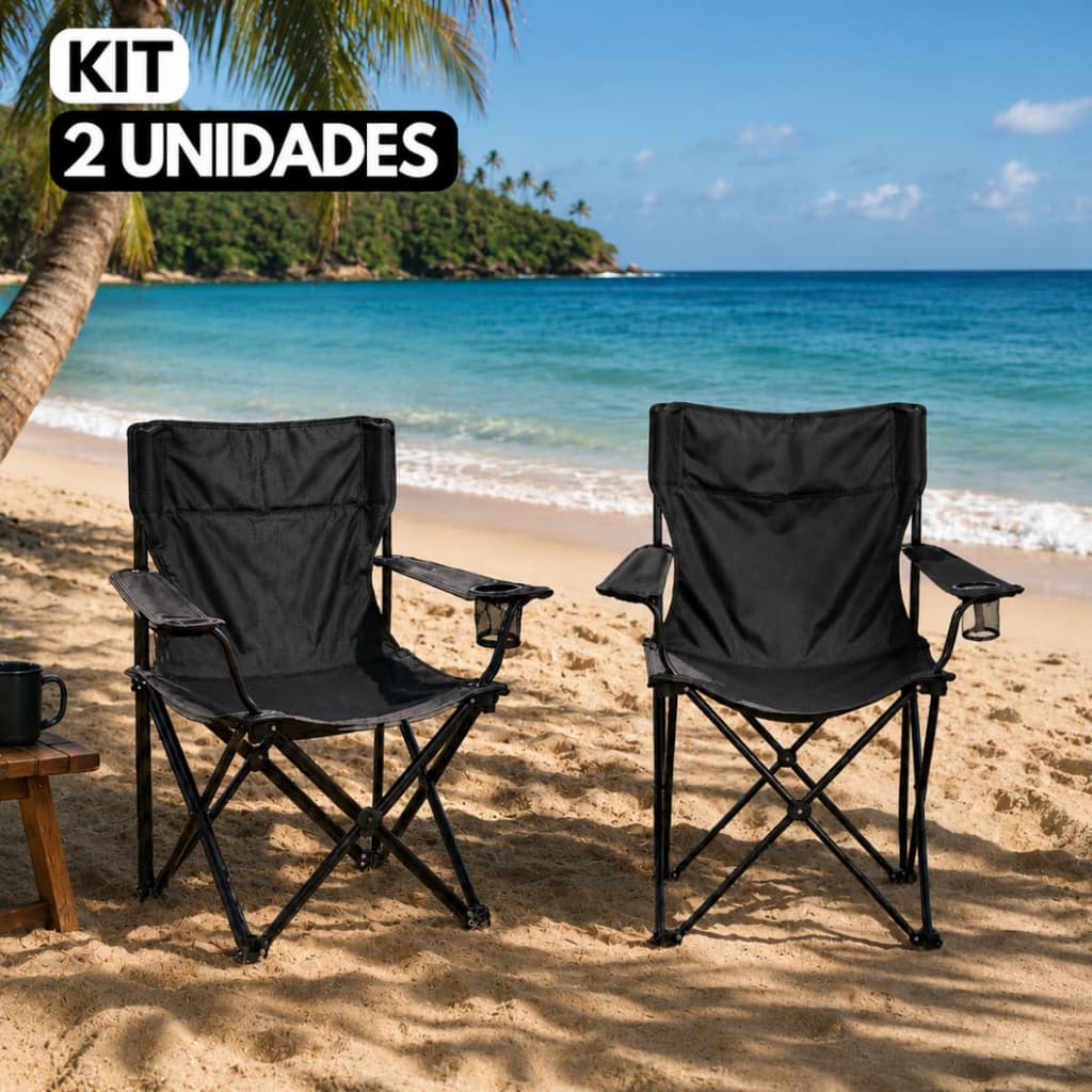 Kit  Cadeira de Praia Dobrável  Camping Portátil Com Porta Copo Pesca  Acampamento 120kg