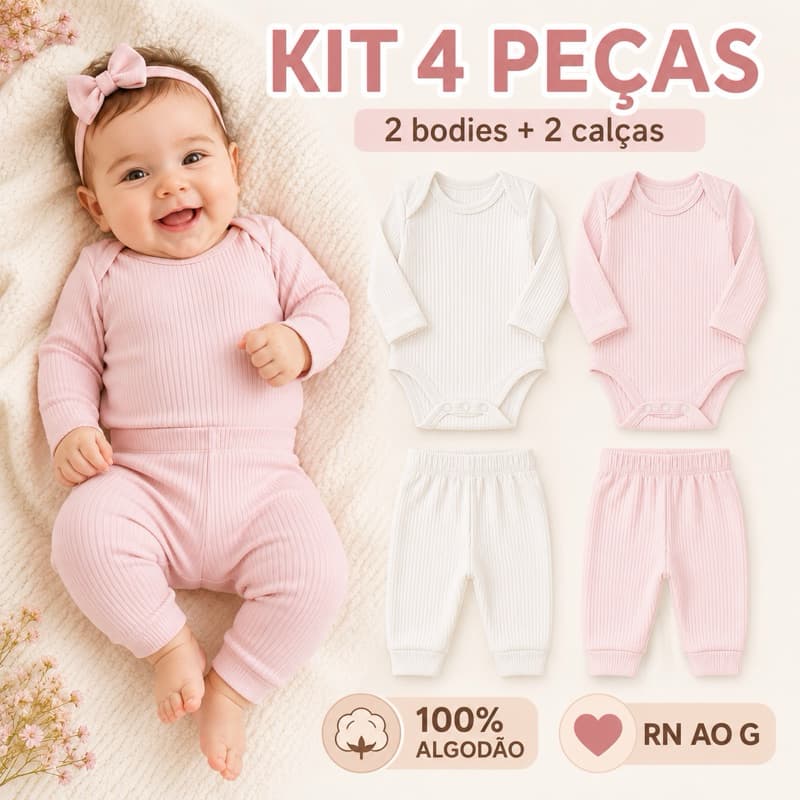Kit 4 Peças Bebê Canelado 100% Algodão 2 Bodies Manga Longa + 2 Calças Mijão RN ao G