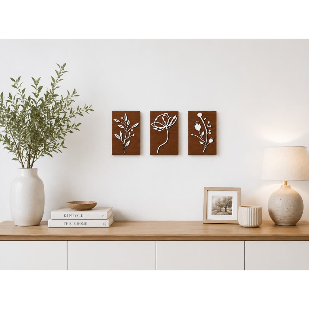 Quadros com Flores para parede em MDF - Kit com 3 peças