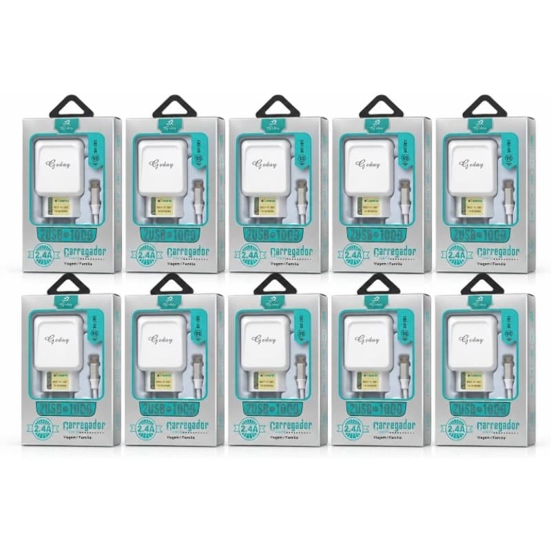 Carregadores V8 Tomada Duplo USB 2.4a com cabo e 2 entradas extras kit com 10