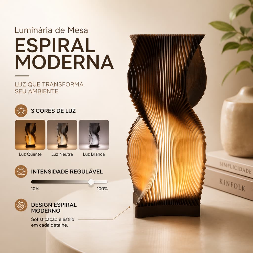 Abajur de Mesa LED Espiral Premium Dimerizável 3 Cores com Controle no Fio para Quarto e Sala