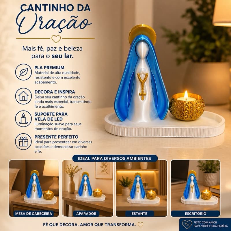 Cantinho da Oração Nossa Senhora com Suporte e Vela LED | Decoração Religiosa em PLA Premium 3D