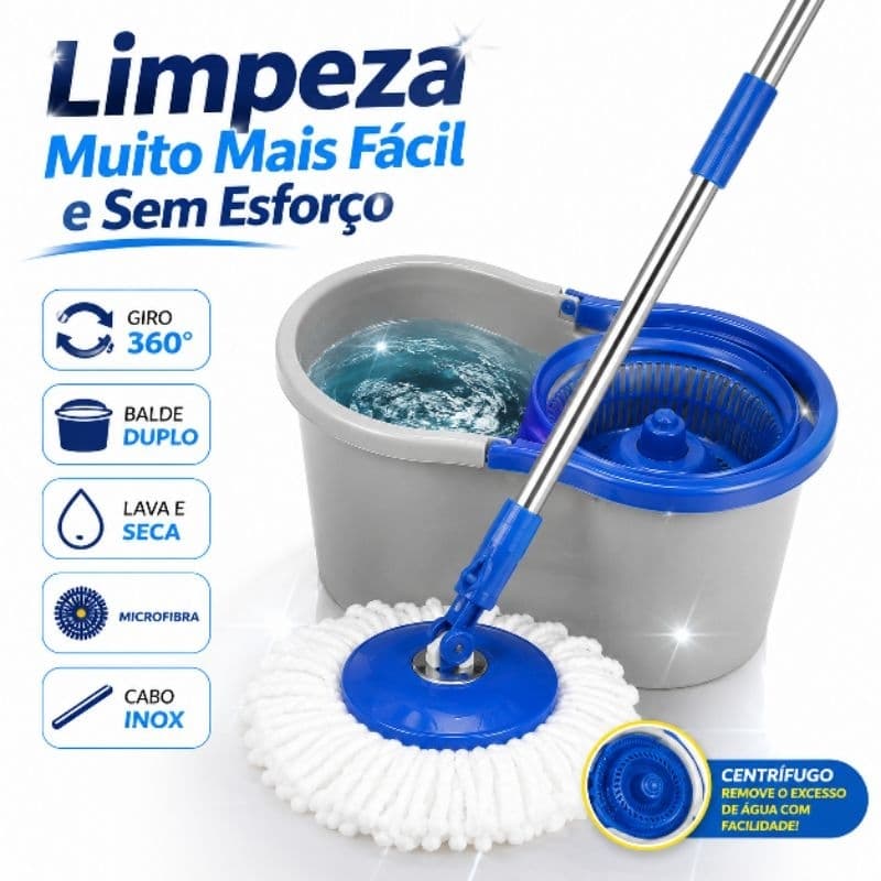 Mop Esfregão Giratorio kit 1/2/3 Refil 360 Balde Duplo Sistema Facil Secagem Pratico Duravel