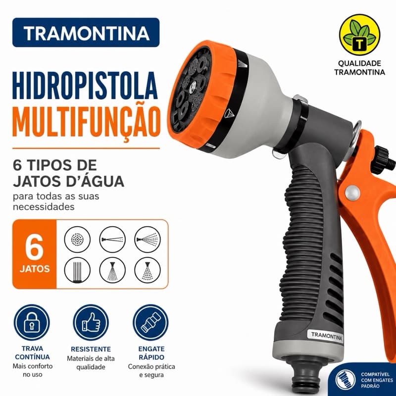 Hidropistola Tramontina 6 Jatos para Mangueira Engate Rápido Lavagem de Carro Jardim