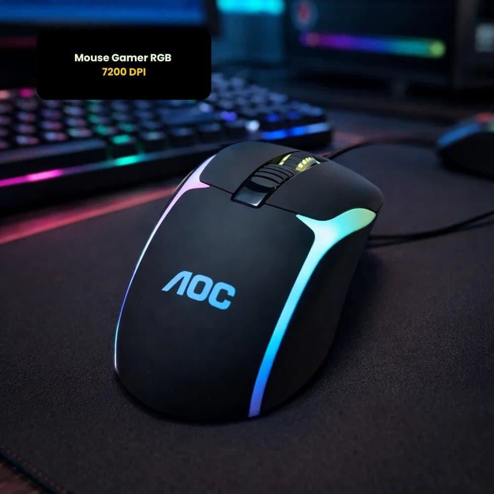 Mouse Gamer Iluminação RGB 7200 DPI Ajustáveis Design Ergonômico Plug In Play  AOC