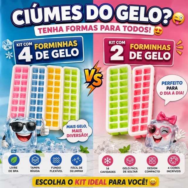 Kit 4/2 Formas de Gelo Silicone com tampa Rígida Flexível Fundo Retangular Lavável 14 Cubos Forma SG