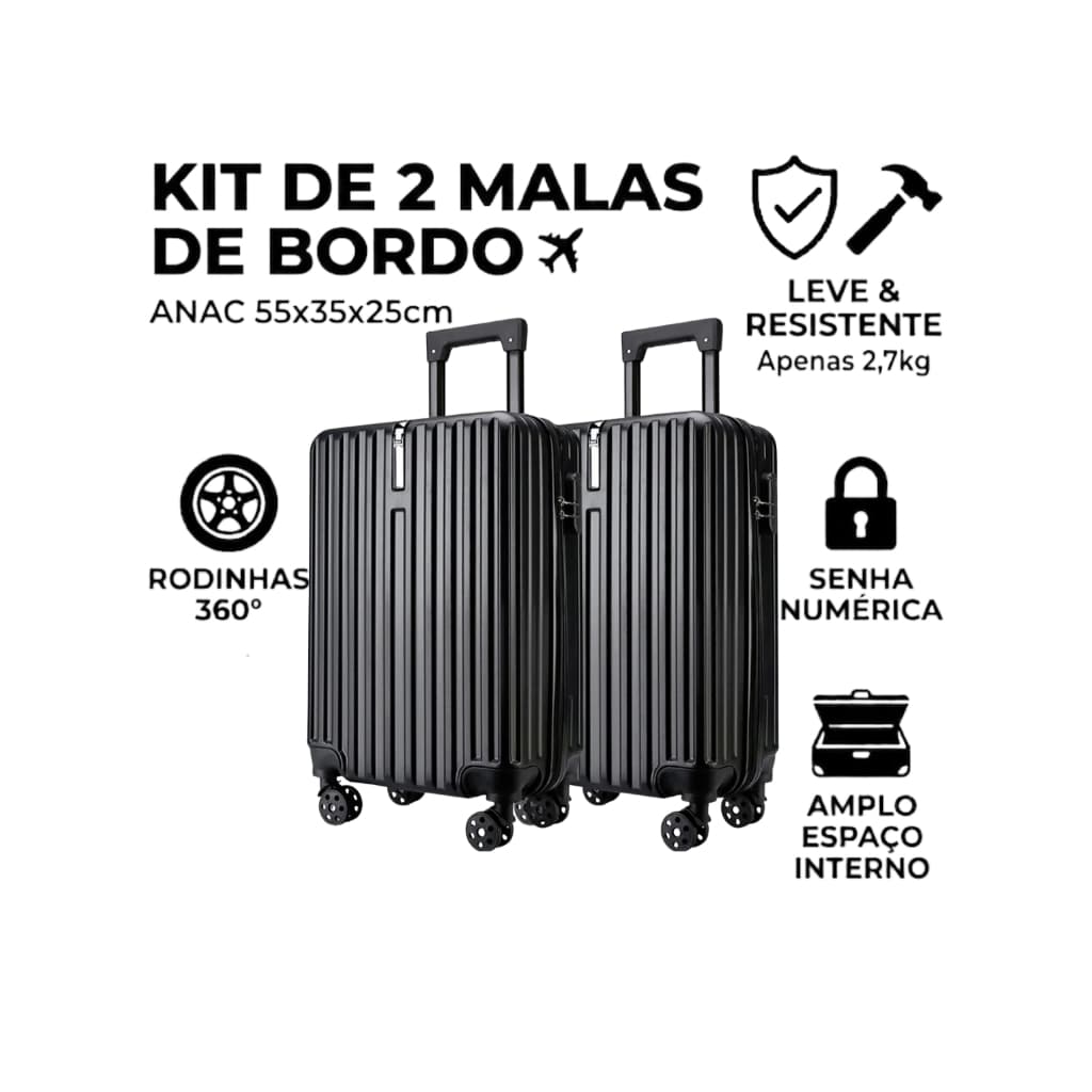 Kit 2 Malas de Bordo e Viagem 10kg com Rodinhas 360° Giratórias ABS