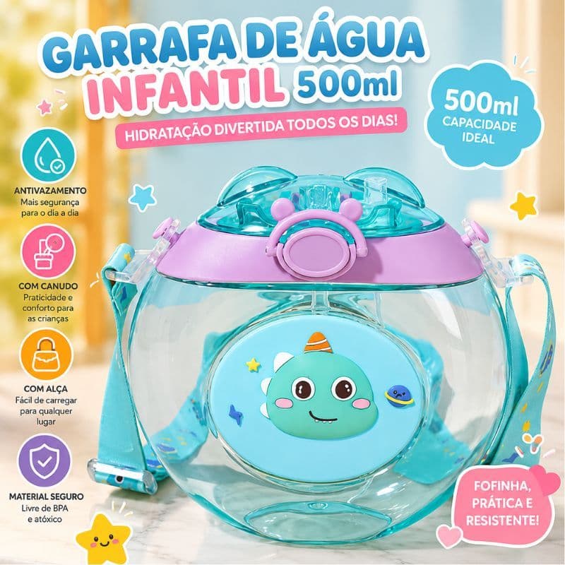 Garrafa Infantil Bebe com Tampa e Canudo e Alça Fofinho Rosquinha