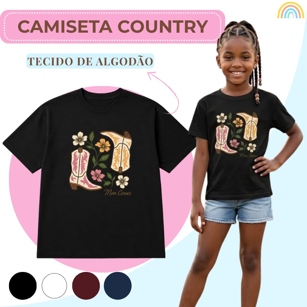 Camiseta Infantil/Juvenil Menina Country Botas Camisa Feminina 4 cores Algodão Tamanho 2 ao 16