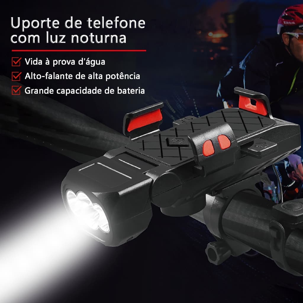 Lanterna Bike ComSuporte para celular Buzina/Power Bank 4 Em 1 Multifuncional 16H 4000 Lúmens Recarregável À Prova D'Águ