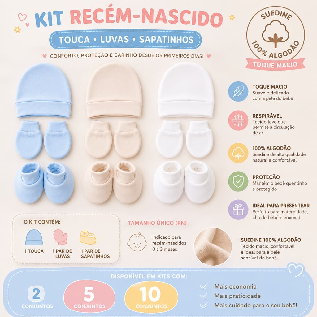 Kit Bebê Recém-Nascido Touca Luva Sapatinho Suedine Macio 100% Algodão Enxoval