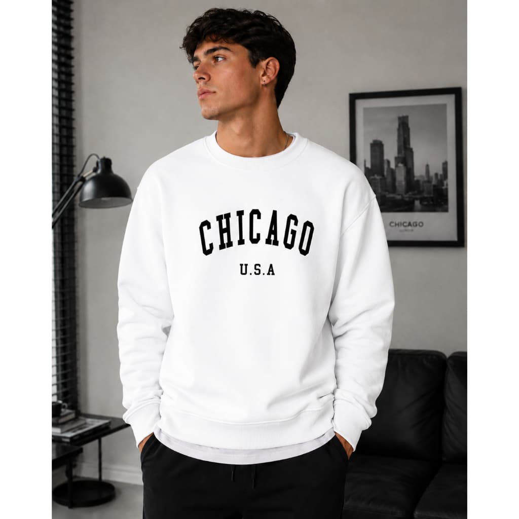 Blusa De Frio Estampa Chicago Unissex Moletom Em Algodão Gola Redonda Casual