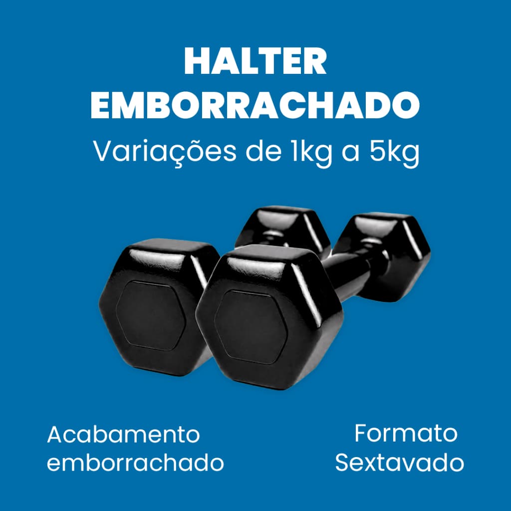 Halter Sextavado Emborrachado - 1 Unidade  -1kg a 5kg - Peso de Academia
