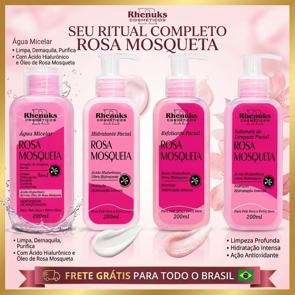 Kit Skin Care Rosa Mosqueta Sabonete líquido Hidratante Facial Esfoliante Facial e Água Micelar