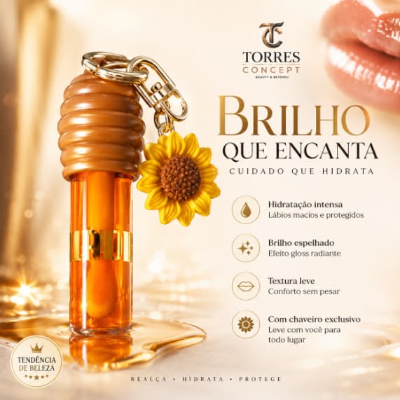 Lip Oil Gloss Labial Mel Hidratante Hold Morning Brilho Intenso Cuidado Labios Chaveiro Girassol Top