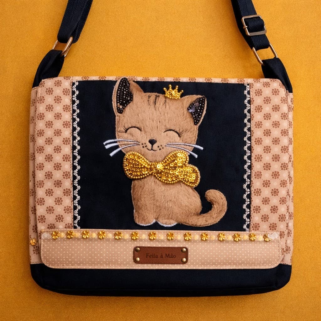 Bolsa modelo carteiro com patch de gatinho fofo