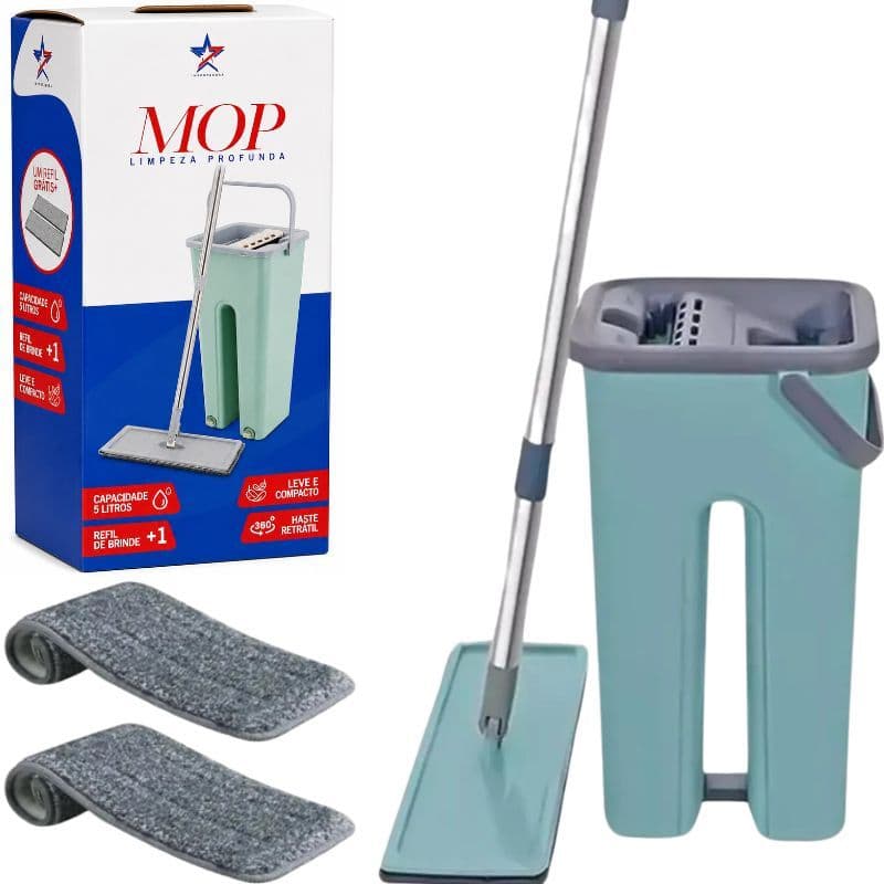 Mop Flat Esfregão 360 com Balde Duplo 5 Litros + 1 Refil Extra Sete Estrelas