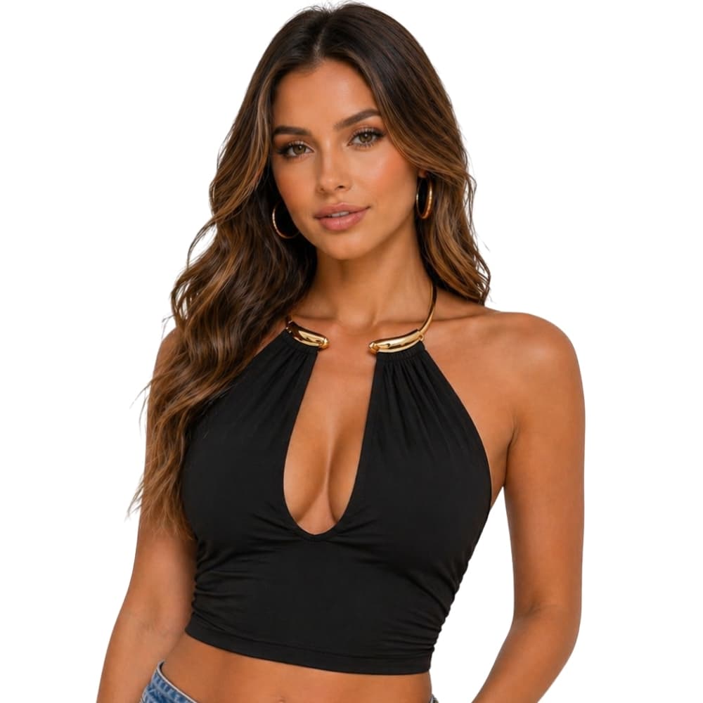 Blusa Cropped Feminina com Detalhe de Argola no Pescoço