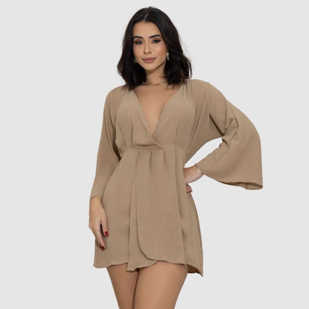Vestido Curto Feminino Manga Longa Flare Decote V Soltinho Casual Elegante Inverno Moda Gringa